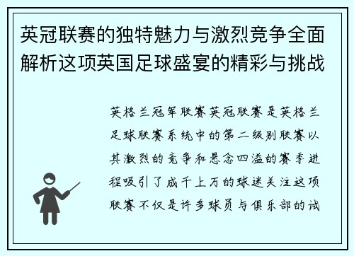 英冠联赛的独特魅力与激烈竞争全面解析这项英国足球盛宴的精彩与挑战