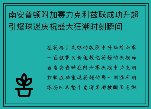 南安普顿附加赛力克利兹联成功升超引爆球迷庆祝盛大狂潮时刻瞬间